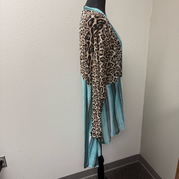 Crazy Train Leopard Serape Cardigan L Teal Western Boho Duster Open Front - Picture 5 of 7